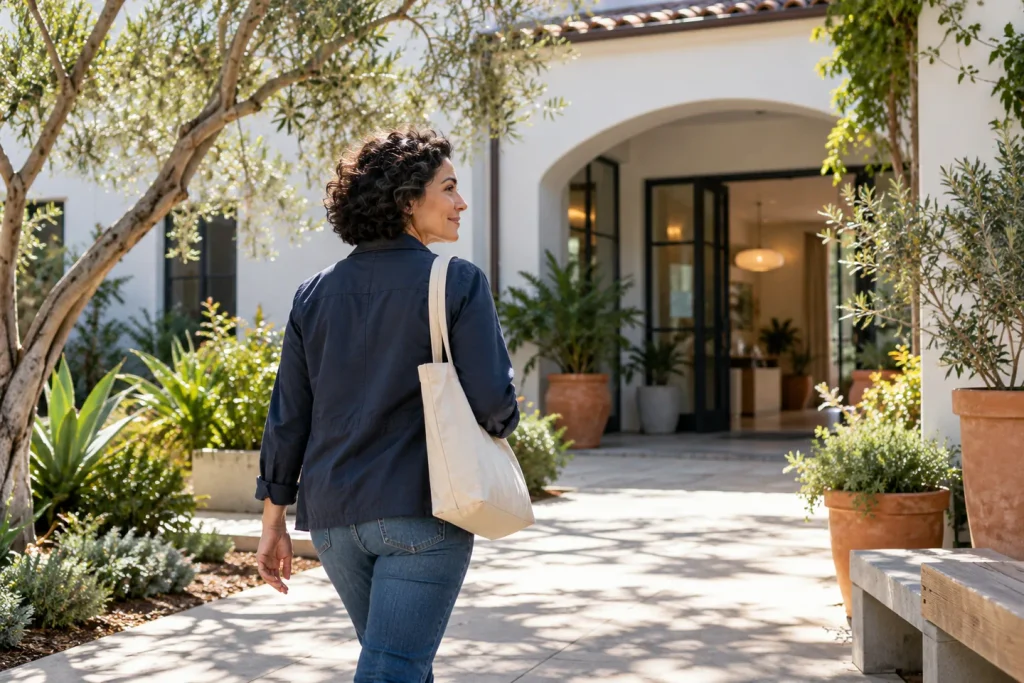 Woman walking through a sunny courtyard toward an intensive outpatient treatment appointment at Hatch Behavioral Health.